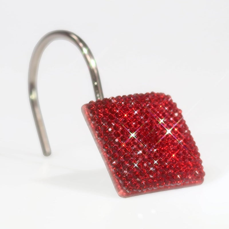 Popkozzi Red Shower Curtain Hooks Rings: Bling Glitter Sparkle Shiny Square Crystal Diamond Decorative Shower Curtain Rings - Luxury Fancy Christmas Holiday Curtain Hooks & Hangers for Bathroom - Set of 12 - Image 1